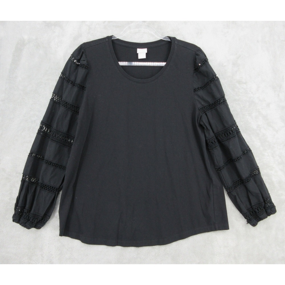 Chicos Top Womens Size 2 L Crochet Lace Balloon Sleeve Dark Coquette Black Knit